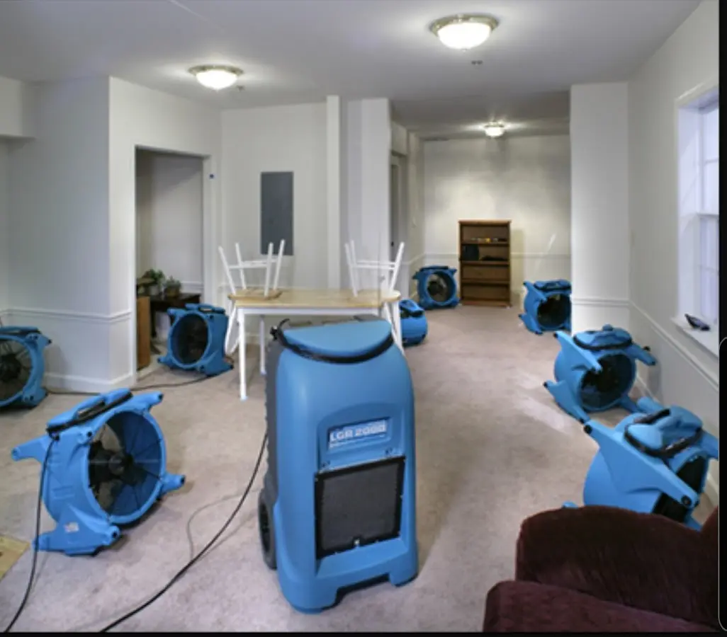 Air movers and dehumidifier setup for Water Damage Restoration in Westwood Lakes